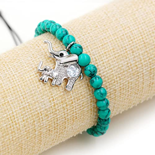 Image of Matte Agate Black Onyx /Turquoise Beads Bracelet, Good Luck Mom and Baby Elephant Bracelet, To My Mom Bracelet Gifts for Mothers Day from Daughter