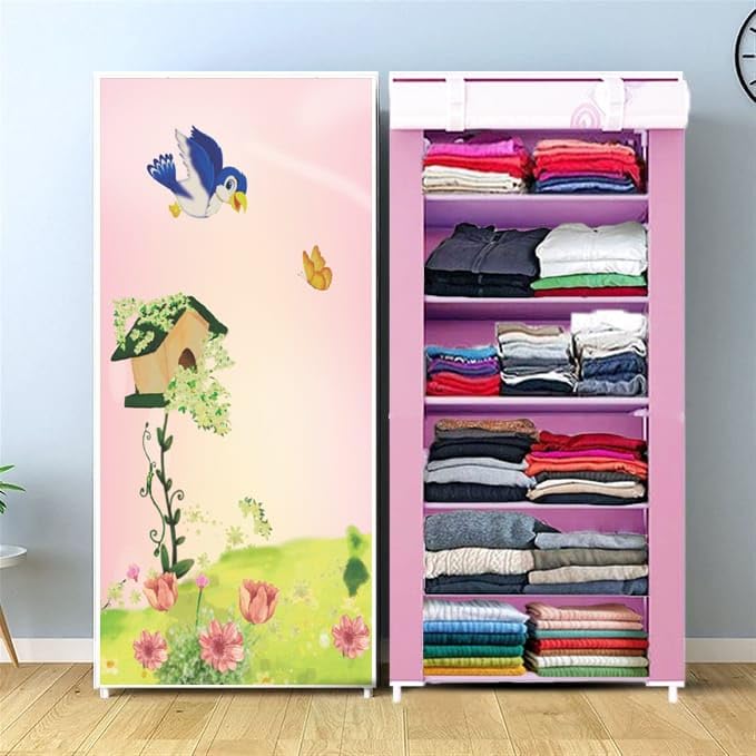 CMerchants Portable Collapsible Wardrobe for Clothes Storage – Foldable Cloth Organizer Cupboard with Shelves for Bedroom & Home (Durable, Space Saving Design) (Multi Color Pink, 6-Layer)-image-3