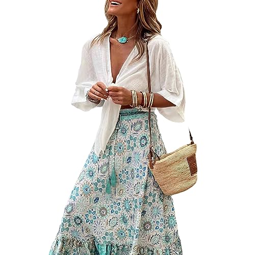 Women Flowy Boho Maxi Skirt Floral Print Pleated Ruffle Casual Long Skirt Beachwear Aesthetic Clothes4