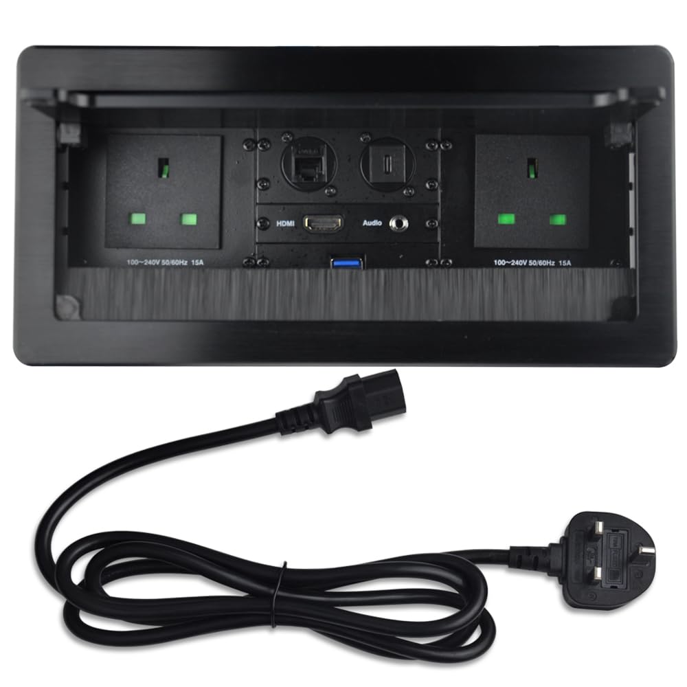 Conference Table Power hub with 2 AC Power+1 HDMI+1 RJ45+1 USB3.0 +1 USB-C (port line0.26) +1 3.5mm Audio with 5.58ft Power Cord,Tabletop Multimedia Connectivity Box for Conference Room (black)