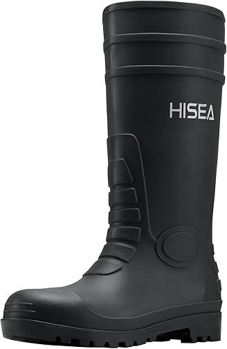 Miniatura 6 de HISEA Botas de lluvia con punta de acero para hombre, botas de goma de PVC, botas de trabajo impermeables para pesca en jardín, botas de trabajo al