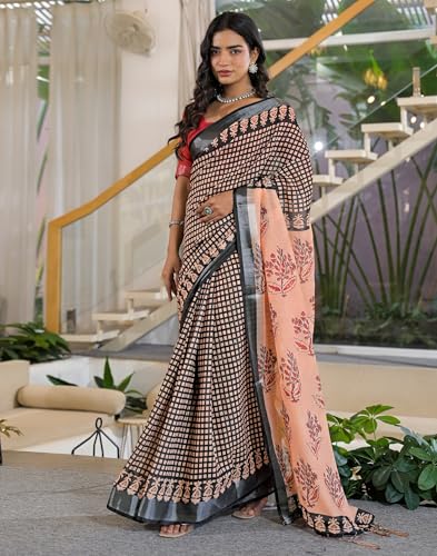 Image of SIRIL Women's Printed Cotton Saree with Unstitched Blouse Piece