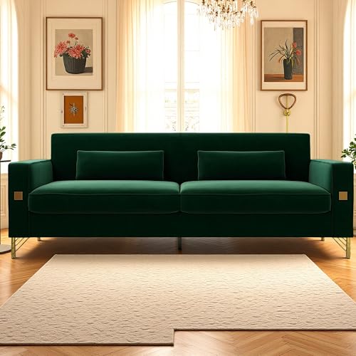 KEIKI 86 Oversized Luxury Velvet Sofa with Armrest and Removable Plush Cushions Modern Style Gold Accents 3-Seater Couch with Solid Legs Easy Assembly for Living Room Apartment Green