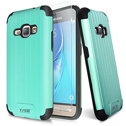 Galaxy J1 (2016) Case, Samsung AMP 2 Case, Samsung J120 Case, Galaxy Express 3 Case With TJS Tempered Glass Screen Protector, Slim Rugged Duo Hybrid Shockproof Aluminum Metal case (Teal)