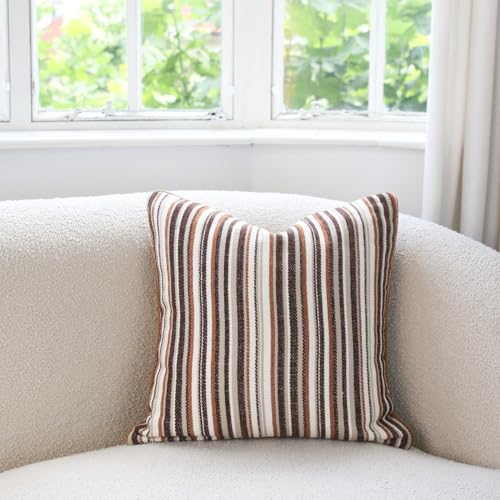 Juto Boho Striped Throw Pillow Covers 18x18 inch Tufted Chenille Decorative Cushion Covers for Sofa Couch Bed Living Room, Brown-Camel, Pack of 1