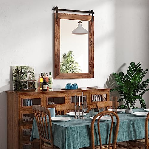 Image of COGOOD Bathroom Mirrors for Over Sink - 42 inch x 29 inch Farmhouse Barn Door Mirror for Living Room, Entryway, Bedroom, Vanity Wall Decor Brown