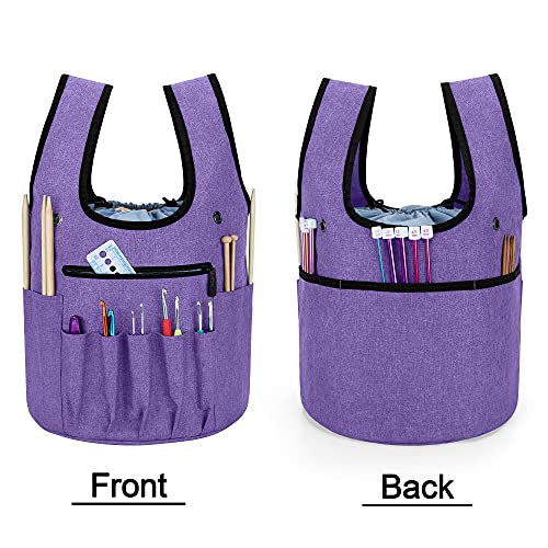Curmio Knitting Tote Bag, Yarn Project Wristlet Bag With Drawstring For Knitting Needles, Crochet Hooks And Supplies, Purple (Bag Only) #TOP2