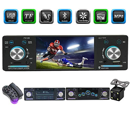 CACA Single Din Car Stereo Receiver with Bluetooth FM Radio in-Dash/4.1inch HD Digital Screen/MP3/MP4/MP5 Video Player with Rear View Camera and Wireless Remote Control