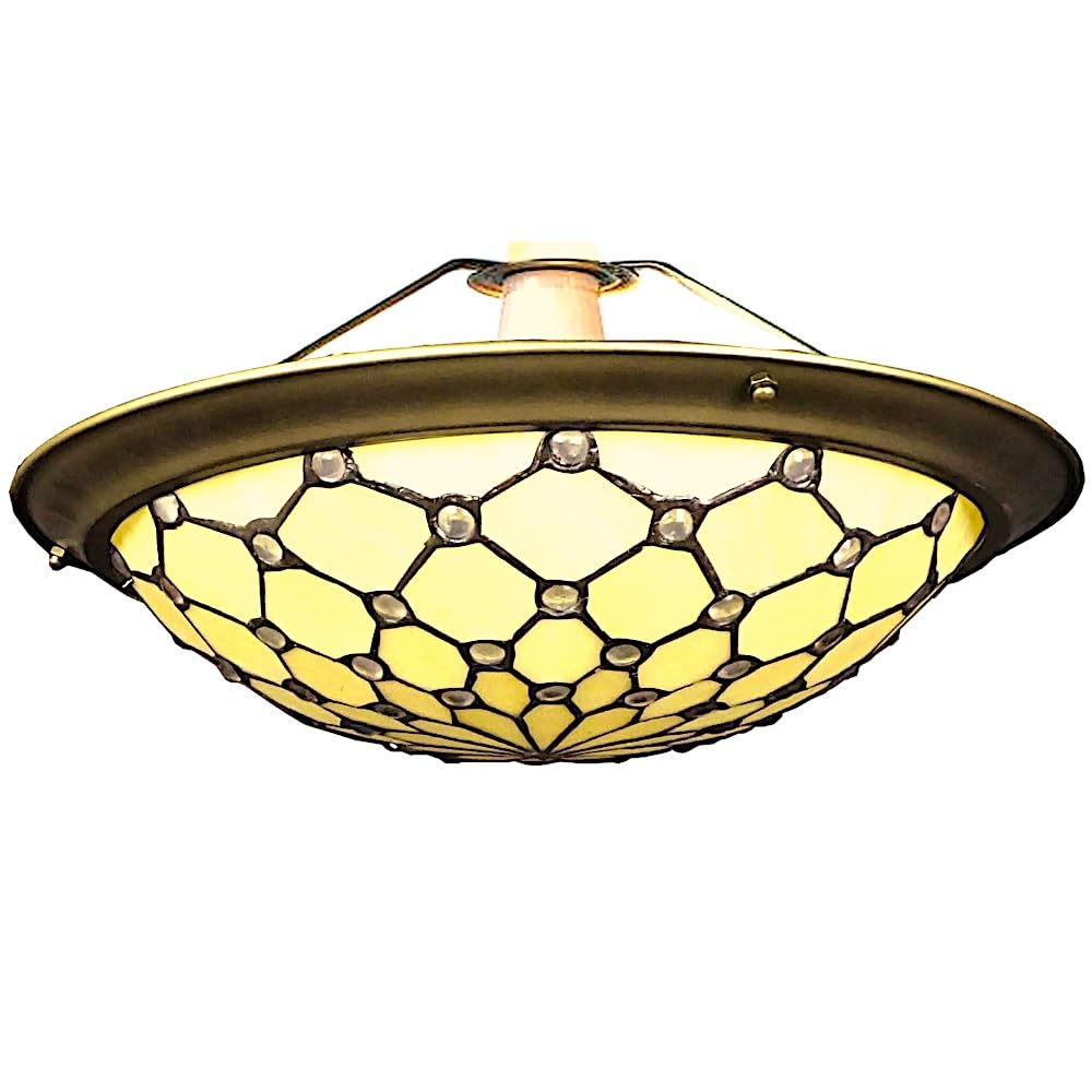 Britalia Tiffany Glass Pendant Shade, Antique Brass, Dome, Traditional Art Deco, Beige Clear, Dragonfly Floral Pattern, 35cm, Easy Fit
