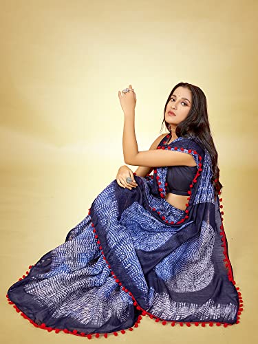 Image of AKHILAM Women's Ikat Cotton Blend Embellished Pom Pom lace Work Saree With Unstitched Blouse Piece (PUMPUM10A SR1 P)