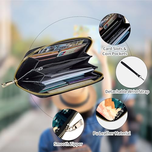 RFID Blocking Wristlet Wallet for Women – Slim PU Leather Zipper Clutch, Cute Credit Card Holder Purse with Wrist Strap for Ladies,Forest and Mountains4