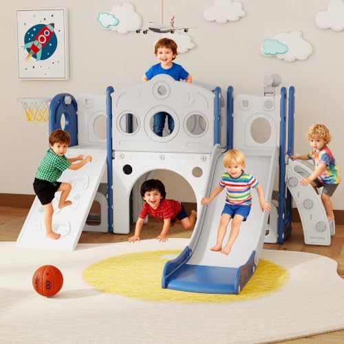 GITAWUSA 9 in 1 Toddler Slide Set Playground Indoor & Outdoor Fun for Kids & Babies Aged 1-3, Featuring Climbing Board, Basketball Hoop, Telescope, Storage Space and Non-Slip Steps, Blue & White
