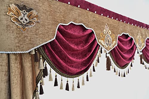 Newwpkira European Brown Burgundy Waterfall Valances For Windows Swag Waterfall Valance With Tassel European Chenille Curtain Valance For Living Room 1 Panel #TOP4