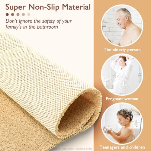 Kautudrum Shower Mat Non Slip 40x16 Inch, Quick Drying PVC Loofah Bath Mats, Easy Clean Soft Bathroom Rugs for Tub Floor, Shower, Khaki