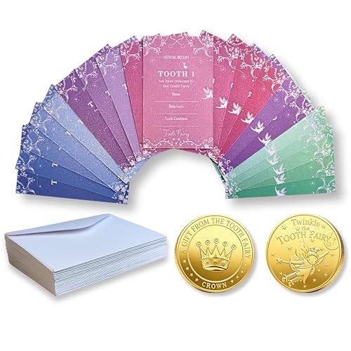 Tooth Fairy Gifts for Kids - 2 Tooth Fairy Coins & 20 Numbered Mini Receipts (1-20) with Envelopes Rainbow Design Magical Lost Tooth Keepsake Kit