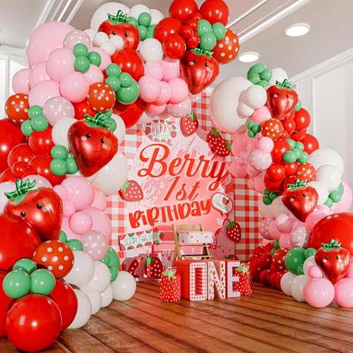 ALL-IN-1 Strawberry Balloon Arch Kit & Garland with BONUS Strawberry Small and Large Red Pink Green Strawberry Balloons Strawberry Shortcake Party Decorations Supplies for Birthday & Baby Shower