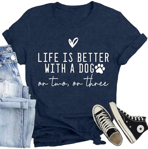 CQF Dog Shirt for Women Life is Better with A Dog T-Shirts Pet Dog Lover Tee Cute Paw Tops Blue