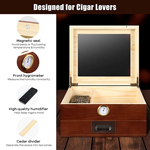 Glass Top Cedar Humidor With Front Hygrometer, Humidifier, Divider, And Accessory Drawer, Desktop Cedar Wood Cigar Box Holds 20-30 Cigars, Cigar Accessories For Men #TOP4