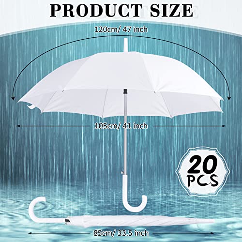 20 Pack Bulk Stick Umbrellas With J Hook Handle 47 Inch Large Windproof Auto Open Pongee Umbrella For Women Men Rainy Sunny Wedding And Events (White) #TOP1