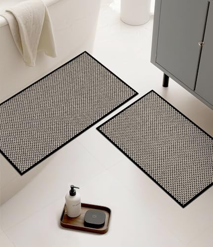 YIHOUSE Thin Bath Mat Black Bathroom Rugs Sets 2 Pieces Non Slip Absorbent Mats Quick Dry Woven Rugs Washable Tapetes para Bao for Bathroom Toliet Bathtub(17x24+17x32)