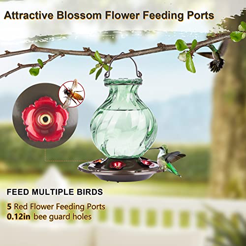 Auslar 26 Ounces Hummingbird Feeder, Hummingbird Feeders For Outdoors Hanging, Perch With 5 Flower Feeding Ports, Fade Proof, Rustproof, Leakproof, Netted Flower Bud Shape Bottle, Green #TOP2