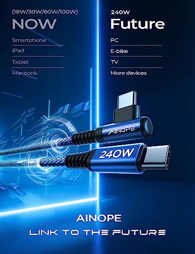 Image of AINOPE 240W USB C to USB C Cable Fast Charging 3.3FT,Right Angle Fast Type C Charging Cable Fits iPhone 16 Pro Max Plus,iPhone 15,MacBook Air /Pro,iPad Pro,Samsung,Pixel,All Devices, Blue, 1 Pack