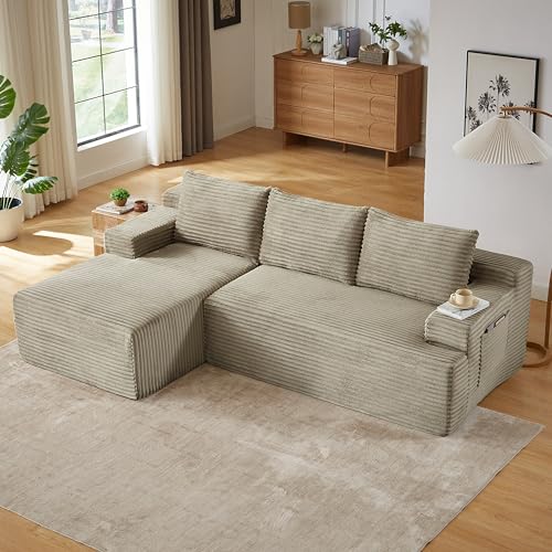 96.1" Cloud Sectional Couch in One Box, Compressed Modular Sectional Sofa with Deep Seat and Left Facing Chaise Lounge, Minimalist Corduroy Boneless Corner Sofa for Living Room