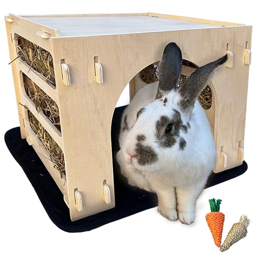 Kiwi&Mora Bunny House Hideout Rabbit Hideout for Bunnies Guinea Pigs & Other Pets | Large Indoor Wooden Tunnel Bed with Hay Feeder Enrichment Toys & Accessories Easy to Assemble & Clean