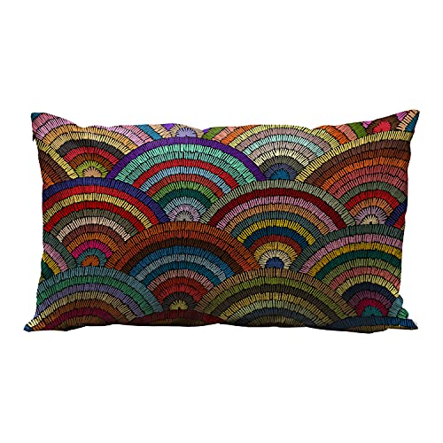 Wozukia Fan Shaped Throw Pillow Cover 12X20 Inch Wavy Bohemian Print Patchwork Ornament Repeat Design Yellow Pink Green Blue Cotton Linen Decorative Home Sofa Chair Lumbar Pillow Case Cushion Cover #TOP18