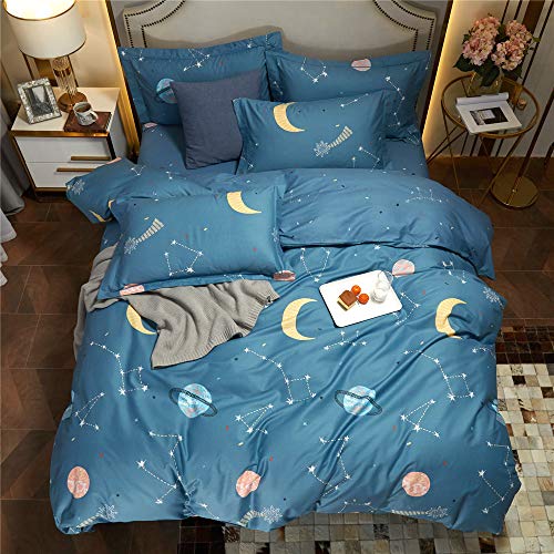 Bulutu Teal Blue Space Duvet Cover Set With Moon,Stars,Planet Pattern 100% Cotton Full/Queen 3Pcs,For Kids,Teen,Boys,Girls Bedding Quilt Cover Zippered Bedding Cute Comforter Cover Soft,Queen Size #TOP9