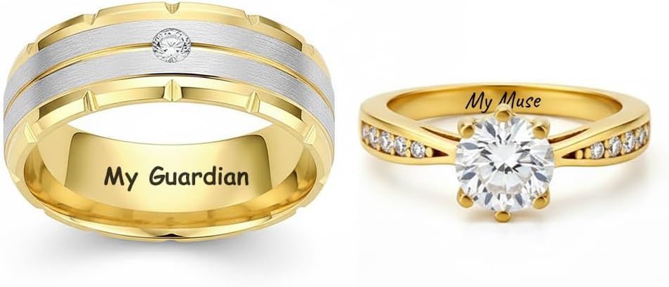 Custom His and Hers Matching Wedding Rings Set Gold Plated Cubic Zirconia Engagement Ring for Women & Titanium Band for Men Classic Bridal Couple Set Anniversary Valentine's Day Rose Gift Box