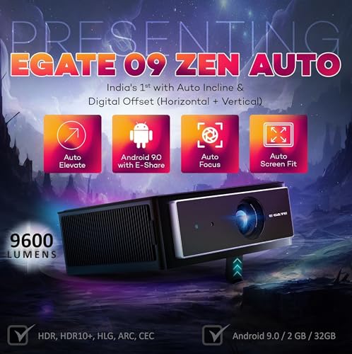 Image of E Gate O9 Zen 810 ANSI Projector with Auto Physical Incline + Digital Offset, Auto (Focus, Keystone, Screen Fit, Obstacle Shift), ARC HDMI, FHD 1080, 4k HDR Support, Android9, 2GB /32GB (EO9023,Black)