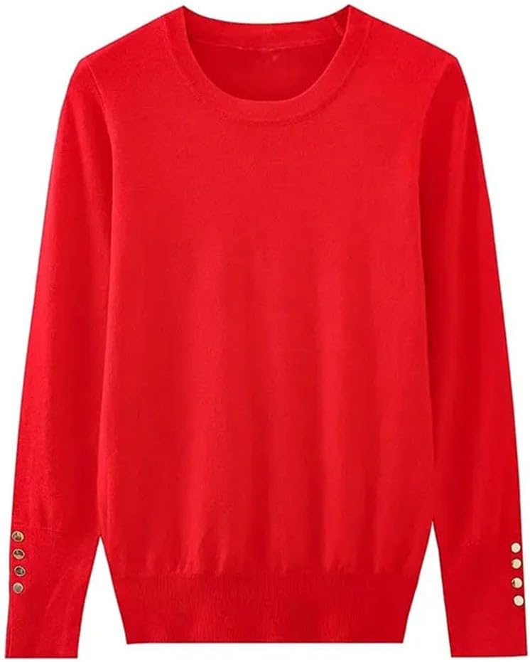 Women's Long Sleeves with Buttons Pullovers High-Stretch Ladies Top White Solid Jumper Crew Neck Sweatshirts