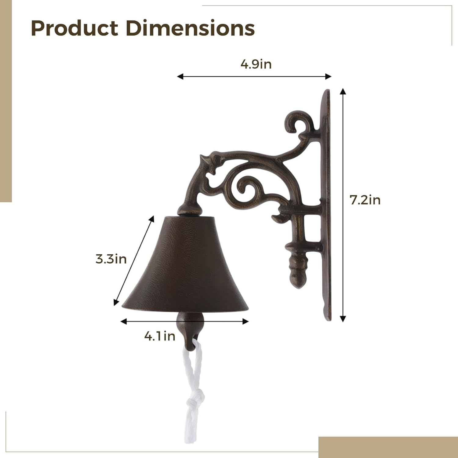 Metal Ring Bell Antique Bronze, Farmhouse Door Bell Vintage with Pull Rope, Decorative Service Bell Wall Mounted, Rustic Dinner Bell for Indoor Outdoor, for Patio Garden Bar Wall Decor