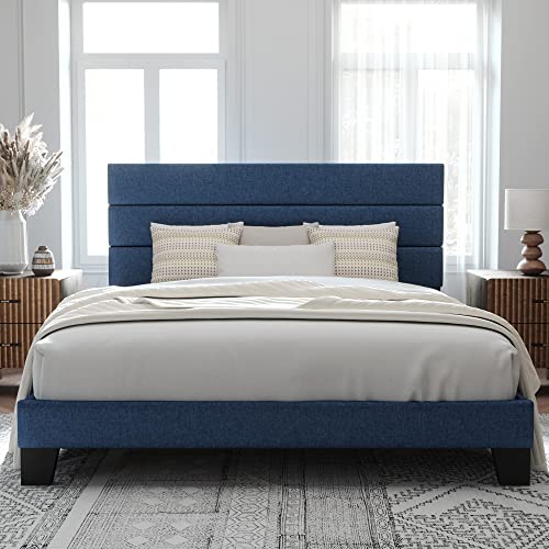 Allewie King Size Platform Bed Frame With Fabric Upholstered Headboard And Wooden Slats Support, Fully Upholstered Mattress Foundation/No Box Spring Needed/Easy Assembly, Navy Blue #TOP2