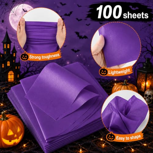 Image of Purple Tissue Paper - 100 Sheets Gift Wrapping Paper for Halloween Decor | Halloween Decorations for Gift Bags Boxes - Gift Wrapping Tissue Paper Bulk for DIY Crafts Wedding | Halloween Party Supplies