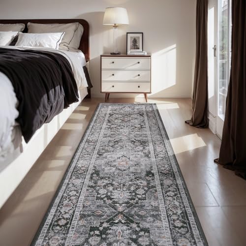AMOAMI-2X10 Runner Rug-Washable Runners for Hallways-Soft Non Slip Bedside Rugs for Bedroom-Vintage Long Rug for Hallways Entryway Laundry Room Stair Kitchen Bathroom Dark Grey & Black