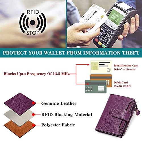 Image of GOIACII Leather Women's Wallet RFID Blocking Credit Card Holder Purple | Compact, Small, Trifold Billfold with Zipper Coin Pocket, 4 ID Windows