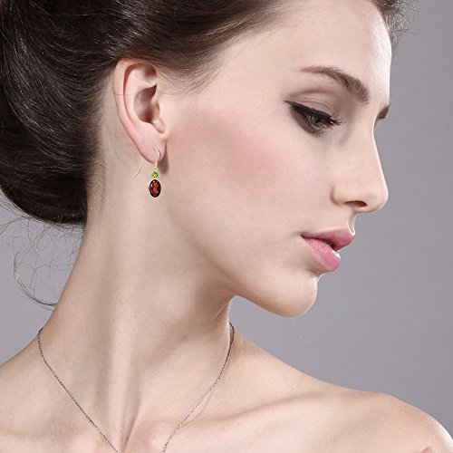 Gem Stone King 14K Yellow Gold Red Garnet and Green Peridot Hook French Fish Ear Wire Dangle Earrings For Women (3.04 Cttw, Gemstone January Birthstone, Oval 8X6MM, Round 3MM)3