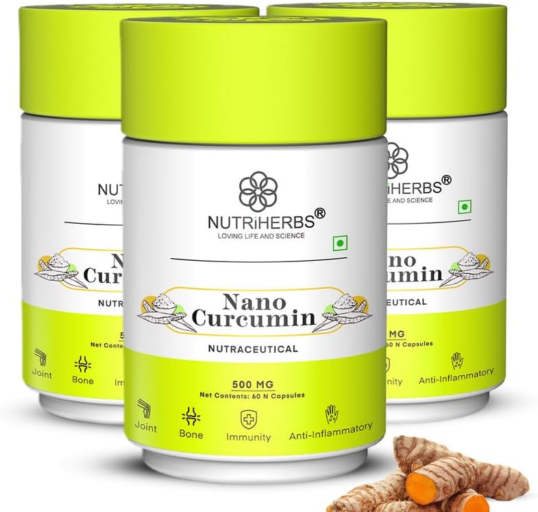 Nutriherbs Nano Curcumin Longa With Organic Turmeric (Haldi) Extract For Healthy Skin | Supports Better Joint Mobility | Anti-Inflammatory - 500mg 60 Capsules (Pack of 3)