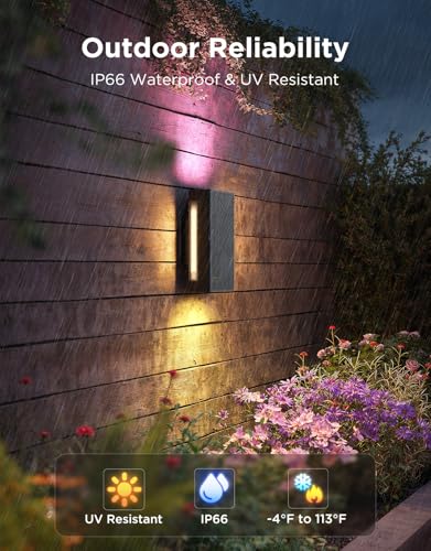 Image of Govee Outdoor UpDown Wall Light, 2 Pack, 1200LM RGBICWW Smart Porch Lights Outdoor with 64 Scene Modes, IP66 Waterproof Wall Sconce for Outdoor Decor, Works with Alexa, Google Assistant and Matter