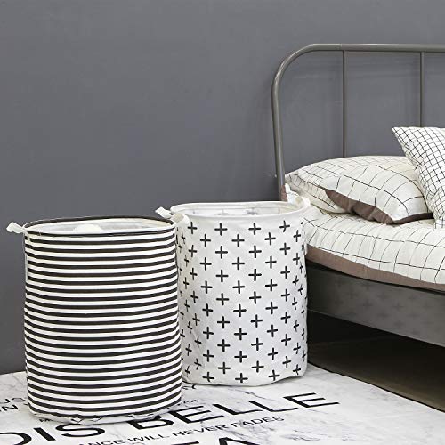 Image of Sea Team 19.7 Large Sized Waterproof Coating Ramie Cotton Fabric Folding Laundry Hamper Bucket Cylindric Burlap Canvas Storage Basket Black & White Stripe Design by Sea Team