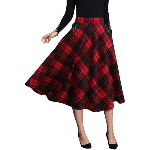 IDEALSANXUN Womens High Elastic Waist Maxi Skirt A-line Plaid Winter Warm Flare Long Skirts