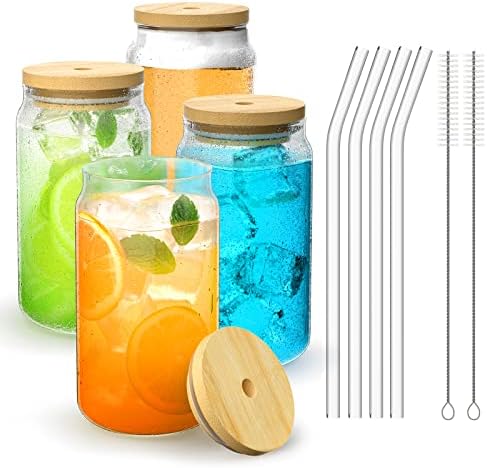 Finew 4pcs Glass Cups with Bamboo Lids and Glass Straws, 16oz Drinking Glasses Can Shaped Glass Cups, Beer Glasses, Iced Coffee Glasses, Ideal for Whiskey, Gift, Wine, Cocktail- 2 Cleaning Brushes