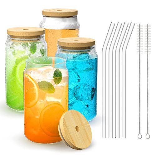 Finew Glass Cups with Bamboo Lids and Straws, 4 Set 16oz Iced Coffee Cup, Can Shaped Cups, Glasses, Tumbler Straw Lid for Beer, Cocktail, Tea, Soda, Smoothie, Transparent