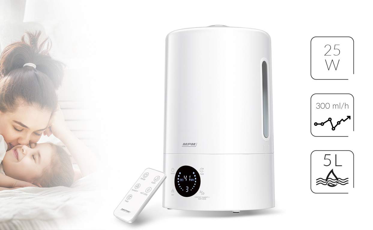 MPM MNP-04 Humidificador Ultrasónico Silencioso, Aceites Esenciales, Mando a Distancia, 300 ml/h, Grande, 5 litros, Filtro de Cerámica, 30 m², Temporizador, Eléctrico, Blanco