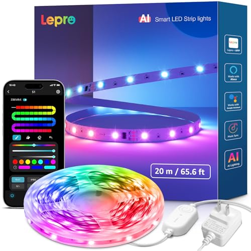 Lepro S1 AI ledテープライト 20m AI照明デザイン アシスタント MagicColor 流れるテープ 1600万色 調光調色 Alexa/Google Home対応 音楽同期 600連 スマート テープライト WiFi/Bluetooth対応 虹色 アドレサブル RGB 間接照明 両面テープ付 DIY 非防水【Leproアプリ アカウント登録要】[S1-20-JP]