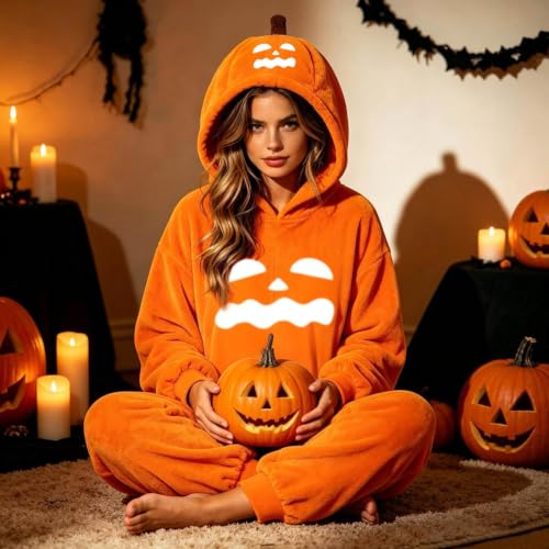 Womens Jumpsuit Pumpkin Onesie Halloween Pajamas Oversized Hooded Sleepwear - image 2