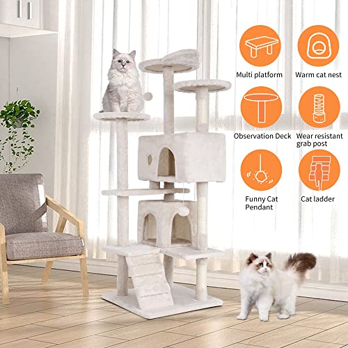 Image of BestPet | 54 inch Cat Tree Tower | Beige | Sturdy Multi-Level Cat Tree