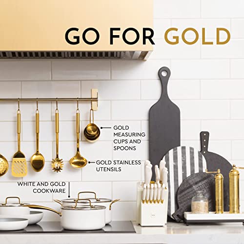 White And Gold Knife Set With Block Self Sharpening - 14 Pc Titanium Coated Gold And White Kitchen Knife Set And White Knife Block With Sharpener, White And Gold Kitchen Accessories And Decor #TOP4